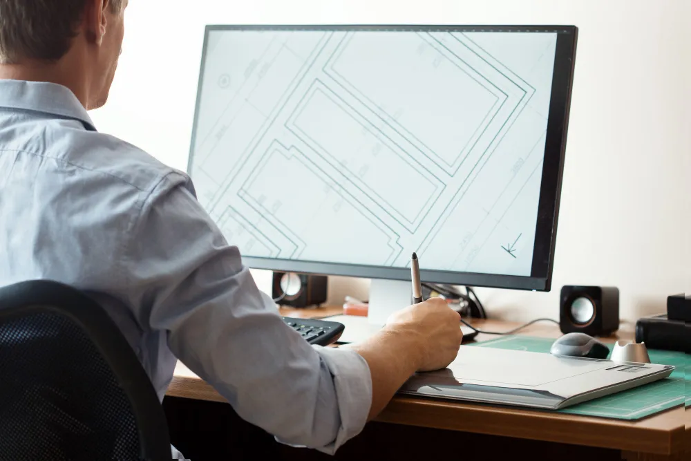 Um arquiteto de costas, usando uma caneta digital em uma mesa digitalizadora para trabalhar em um projeto de arquitetura exibido em um monitor de computador.