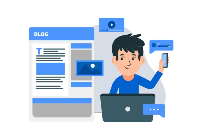 Ilustração de um blogueiro sorrindo, sentado em frente a um laptop, enquanto segura um smartphone. Ao fundo, elementos de interface de blog como postagens, imagens, vídeos e comentários aparecem flutuando.