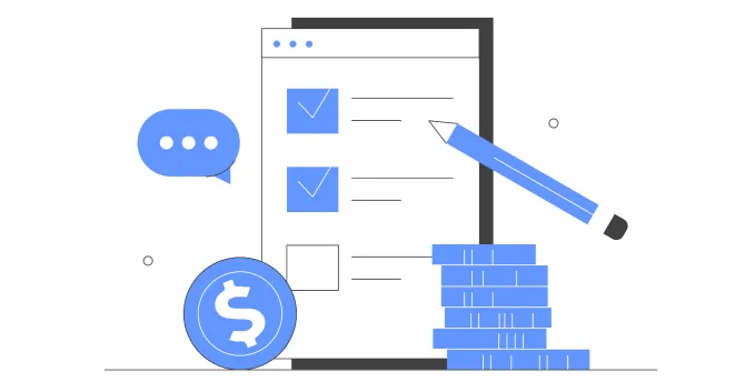 Ilustração minimalista em tons de azul e branco de uma lista de verificação com itens marcados, um lápis grande, um balão de fala, um cifrão e pilhas de moedas ou barras, representando finanças e planejamento.