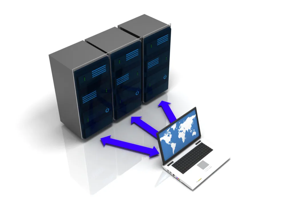 Uma representação 3D de três servidores em rack conectados por setas azuis a um laptop que exibe um mapa-múndi na tela, simbolizando a comunicação e o fluxo de dados.