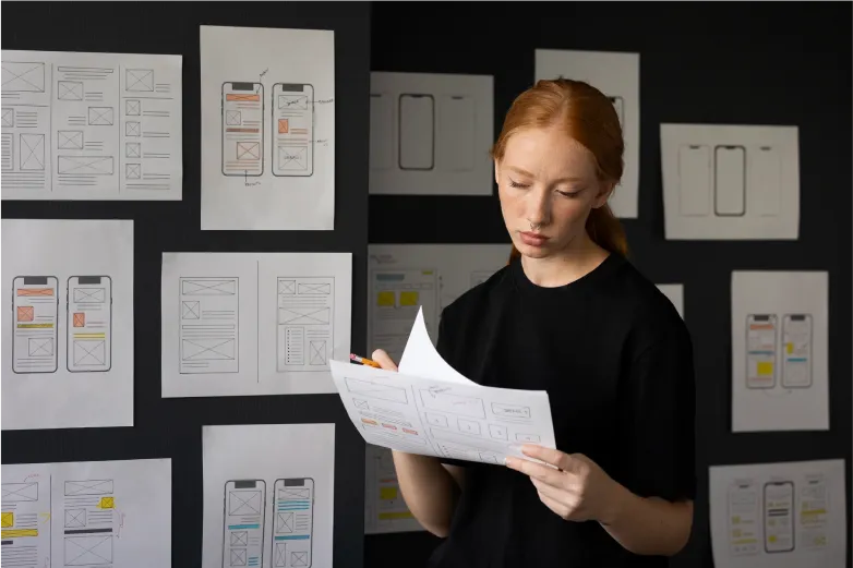 Designer analisando protótipos de interface de aplicativo colados na parede durante processo de criação de UX/UI.