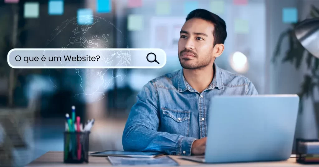 Homem pesquisando em um notebook com a pergunta "O que é um Website?" destacada na tela.