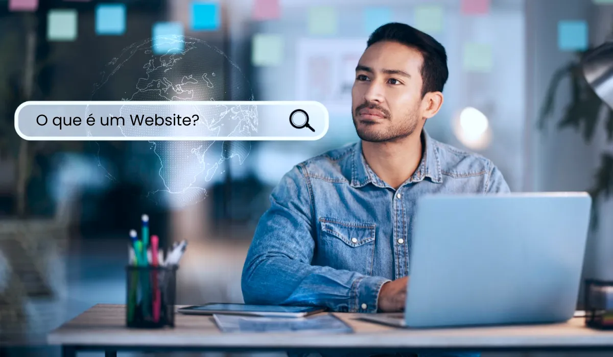 Homem pesquisando em um notebook com a pergunta "O que é um Website?" destacada na tela.